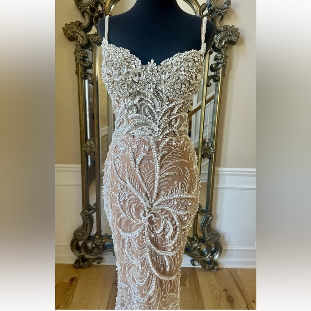 Crystal Beaded Engagement Bridal Sweetheart Neckline Custom Gown Beige Size 4 - Picture 6 of 16